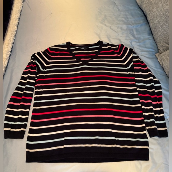 Tommy Hilfiger Women's V-Neck Sweater - Navy, Red, Pink, Lt Blue, White Stripes - Picture 1 of 8